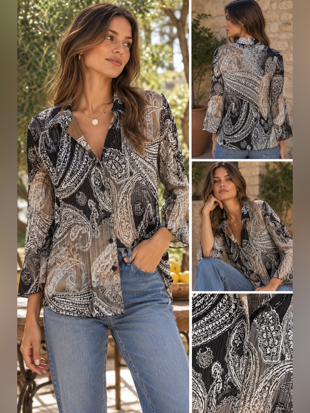 Jaclyn Smith Black, Tan & White Pintuck Paisley Button-Down Blouse